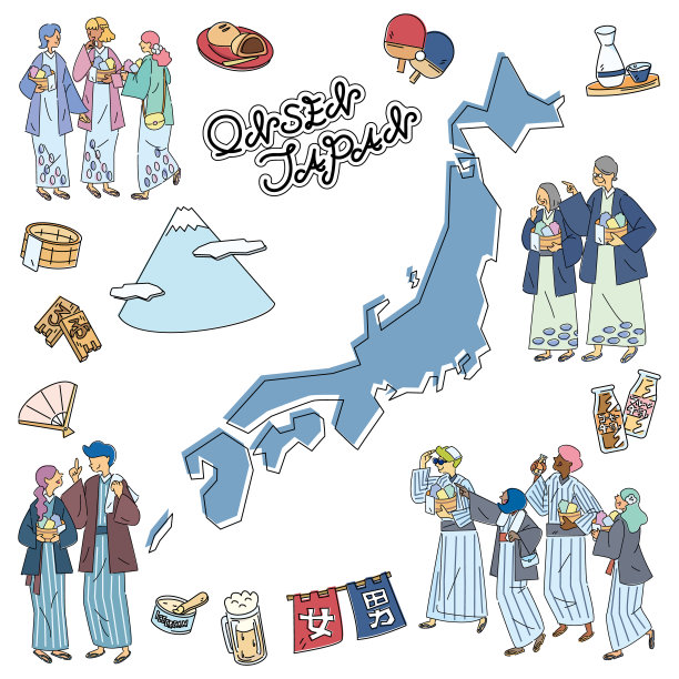 一组穿着日本温泉旅行和浴衣的人(线条绘制)图片下载