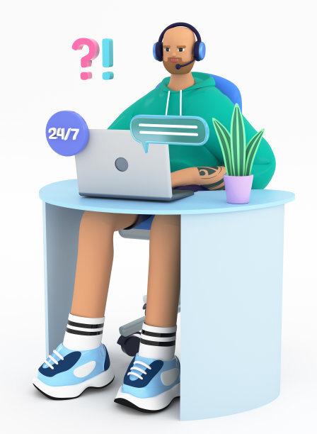 3D胡子男在办公室工作，戴着耳机，麦克风，与客户交谈。客户自助服务、呼叫中心、在线协助、FAQ、支持服务、热线等概念。3 d渲染。图片下载