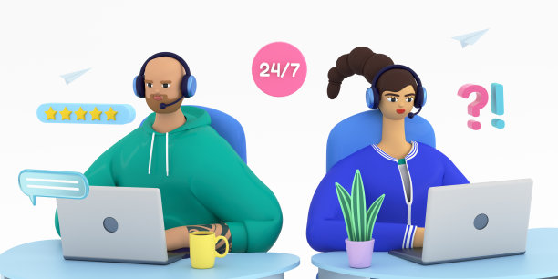 3d女士和男士与服务支持热线通话。使用耳机的操作员。客户自助服务、呼叫中心、在线协助、常见问题解答、联系理念。3d渲染插图。图片下载