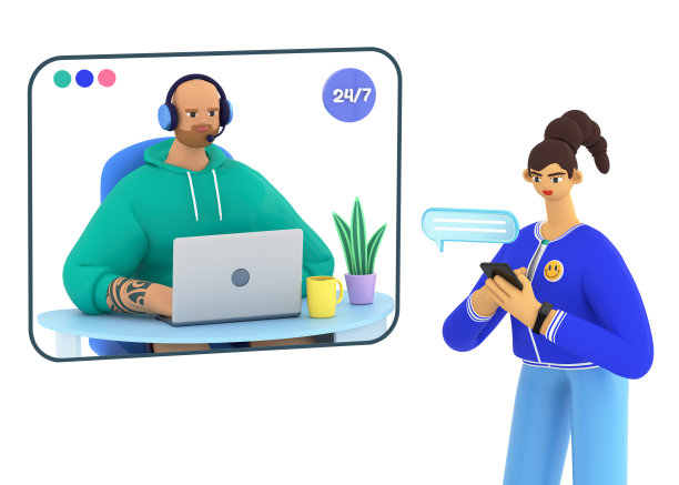 一位女士正在与服务支持热线通话。接线员在前台。客户自助服务、呼叫中心、在线协助、FAQ、支持服务、热线等概念。3 d渲染。图片下载