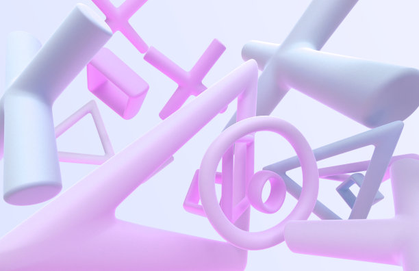 3d渲染背景与抽象的几何形状。飞行粉彩粉蓝色的数字，十字，环，三角形和正方形渐变纹理在运动，设计元素，图案图片下载