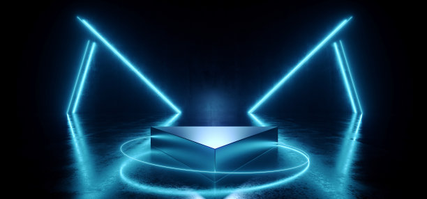 网络未来科幻三角形舞台讲台圆圈霓虹灯激光电灯发光的蓝色在混凝土垃圾水泥暗室3D渲染图片下载