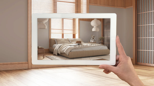 增强现实概念。手持平板电脑与AR应用程序，用于模拟家具和设计产品的空室内与拼花地板，日本卧室图片下载