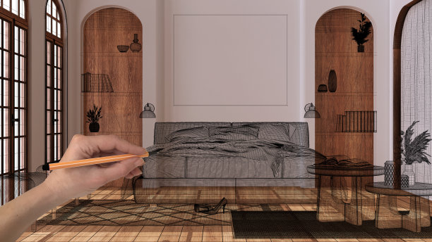 空白的白色室内与拼花和白色墙壁，手绘定制建筑设计，黑色墨水草图，蓝图显示木制卧室，概念，模型，想法图片下载