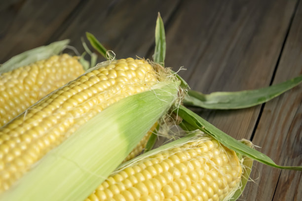 木桌上的玉米棒，带叶玉米，嫩玉米，甜玉米图片下载