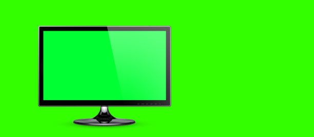 桌面或pc空白屏幕模板。电脑打开查看，在亮绿色背景、横幅、拷贝空间上空出绿色屏幕。3 d演示。图片下载