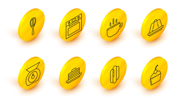 设置线蛋糕，热狗三明治，煎饼，天平，布丁蛋奶冻，咖啡杯，烤箱和厨房搅拌器图标堆栈。向量图片下载