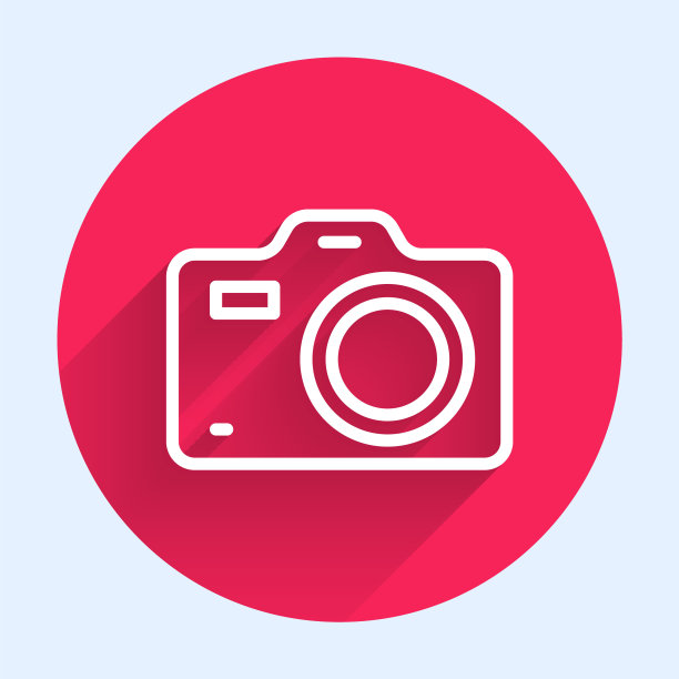 白线照片相机图标孤立与长阴影。与相机。数码摄影。红色圆圈按钮。向量图片下载