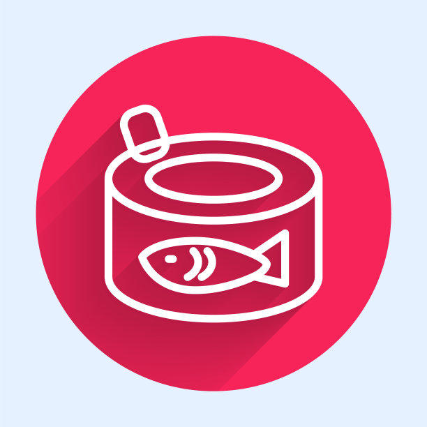 白线罐头鱼图标孤立的长阴影。红色圆圈按钮。向量图片下载