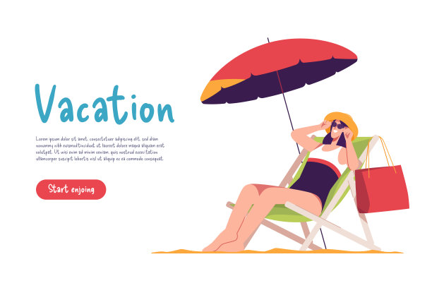 戴着帽子和太阳镜的年轻女子坐在沙滩上的躺椅上放松。矢量图图片下载