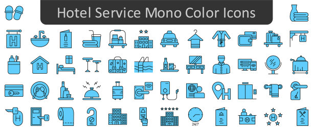 酒店服务单色图标集。Web图标集。网站集合图标矢量图片下载