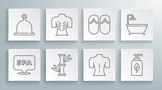 集线水疗沙龙，按摩，竹子，精油瓶，人字拖，浴缸和桑拿帽图标。向量图片下载