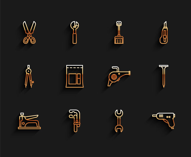 集线施工订书机，夹具工具，剪刀，扳手扳手，电动热熔胶枪，水泥袋，金属钉和叶花园鼓风机图标。向量图片下载