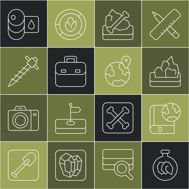 集线展览与矿物，岩石，地球和书籍，矿石开采，考古，公文包，施工手提钻，桶油和位置的图标。向量图片下载