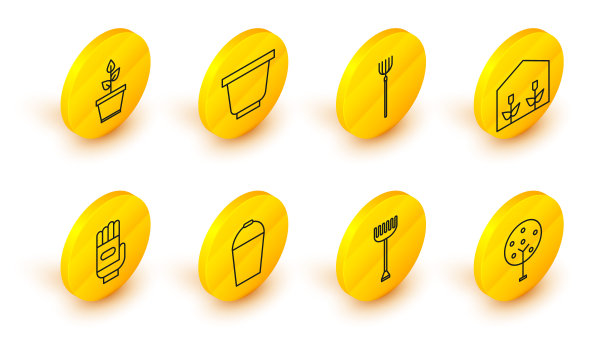 设置线树，花园耙，桶，手套，家庭温室和植物，干草叉，花盆和植物的图标。向量图片下载