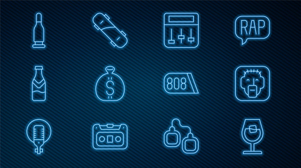 设置线酒杯，说唱歌手，鼓机音乐，钱袋，啤酒瓶，子弹，和滑板图标。向量图片下载