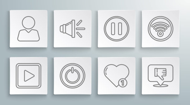 设置线播放正方形，扬声器音量，电源按钮，喜欢和心脏，不喜欢的语音气泡，暂停，Wi-Fi无线网络和添加朋友图标。向量图片下载