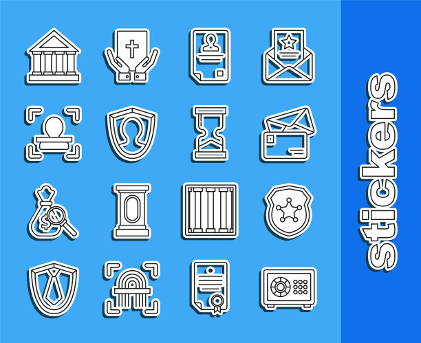 设置线安全，警察徽章，信封，身份识别，用户保护，人脸识别，法院大楼和旧沙漏图标。向量图片下载