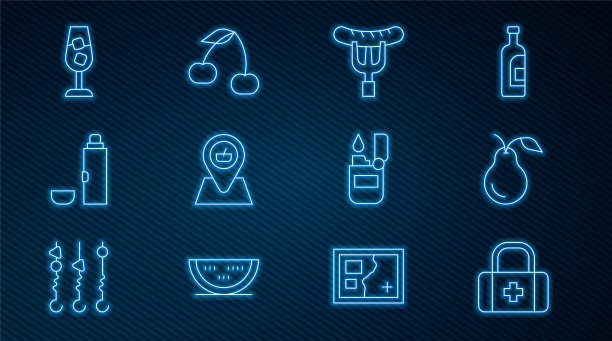 设置线急救箱，梨，香肠上的叉子，野餐地点，保温瓶容器，酒杯，打火机和樱桃图标。向量图片下载