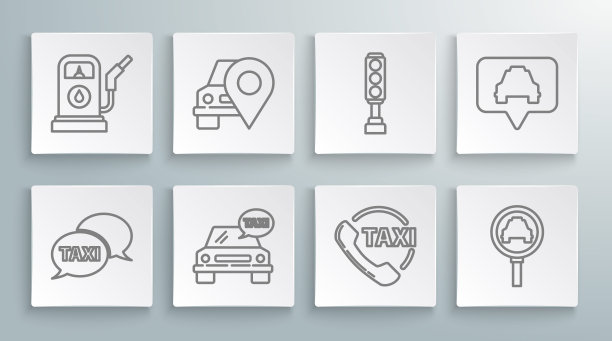 设置线路出租车呼叫电话服务，地图指针与出租车，汽车，放大镜和，交通灯，和汽油或加油站的图标。向量图片下载