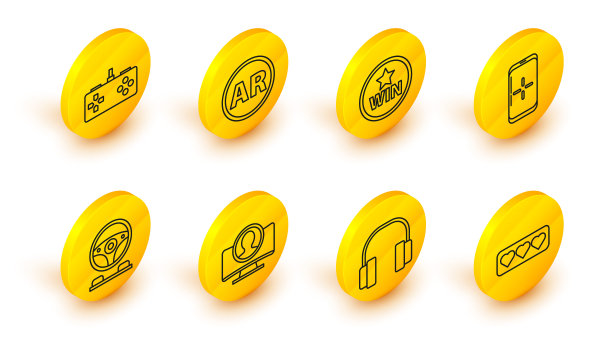 设置线喜欢和心脏，耳机，创建帐户屏幕，赛车模拟器驾驶舱，智能手机玩游戏，奖章，Ar，增强现实和手柄图标。向量图片下载