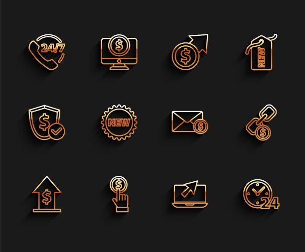 设置线财务增长和硬币，手持，电话24小时支持，笔记本电脑光标，时钟，价格标签与新的，链环和信封美元图标。向量图片下载