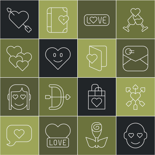 设定线浪漫的男人，爱情与心和箭，信封情人节，爱的文字，心，和情人节传单图标。向量图片下载