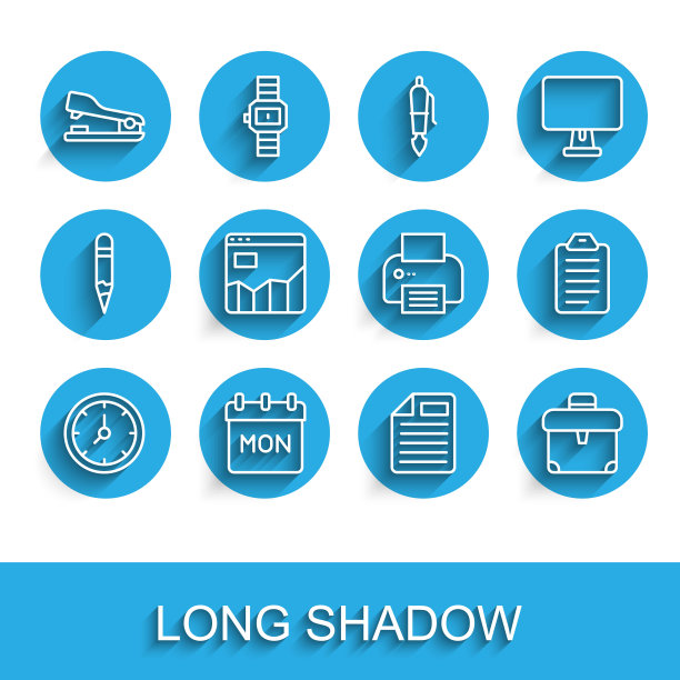 设置线时钟，日历，订书机，文件文件，公文包，图表信息图，列表或规划和打印机图标。向量图片下载