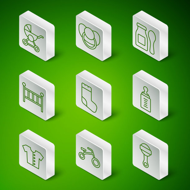 设置线摇铃婴儿玩具，自行车的孩子，婴儿推车，袜子，婴儿床摇篮床，假奶嘴，t恤和瓶子图标。向量图片下载