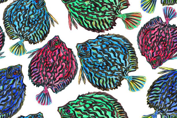 无缝图案与彩色鱼和泡沫。图片下载