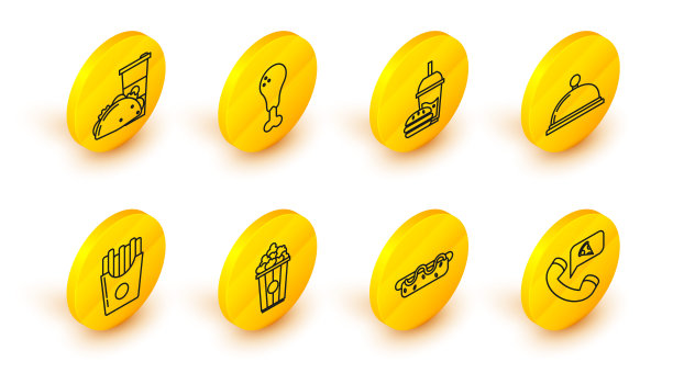 套餐订餐披萨，爆米花纸盒，土豆薯条纸盒包装，有盖餐盘，纸玻璃吸管汉堡，鸡腿和墨西哥玉米饼图标。向量图片下载