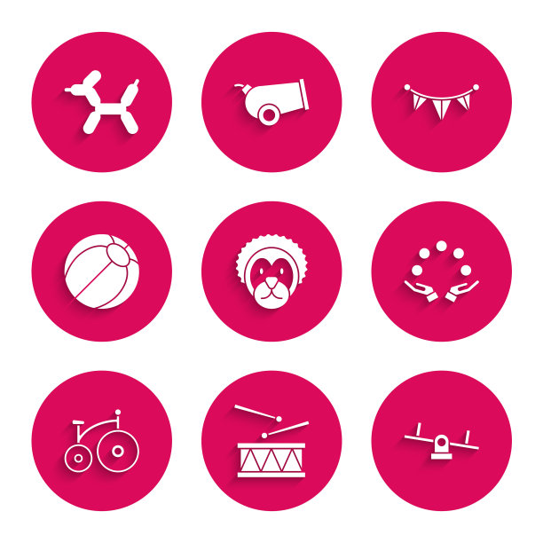 集野生狮子，鼓鼓棒，跷跷板，杂耍球，老式自行车，海滩，嘉年华花环旗帜和气球狗图标。向量图片下载