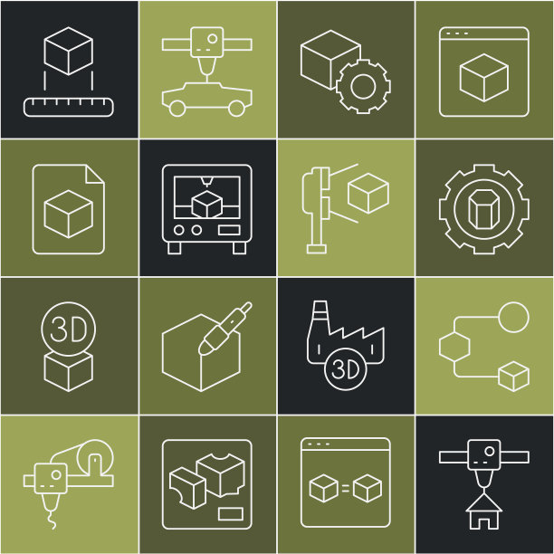 设置线3D打印机的房子，等距立方体，设置，文件，扫描仪与图标。向量图片下载