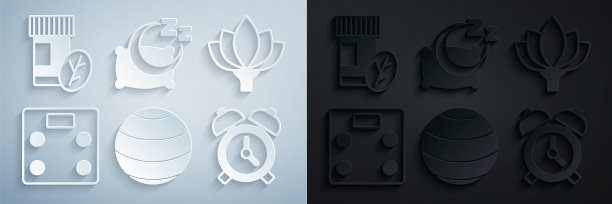 设置健身球，莲花，浴室秤，闹钟，时间睡觉和维生素药丸图标。向量图片下载