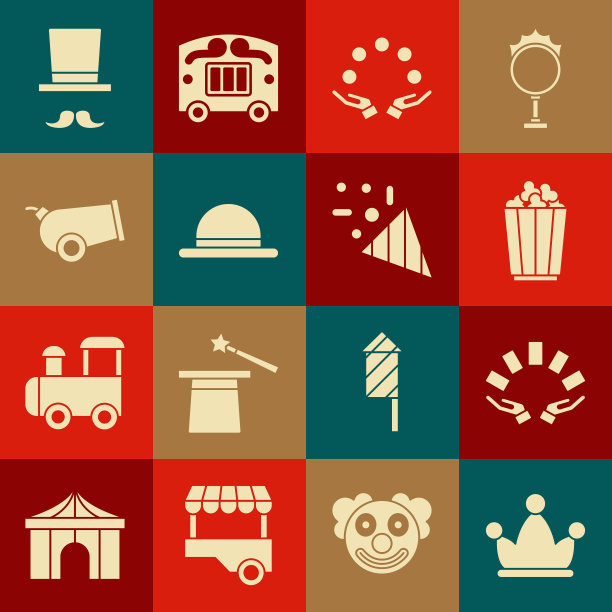 集小丑帽与铃铛，手持扑克牌，爆米花盒，杂耍球，小丑，大炮，魔术师和节日彩纸图标。向量图片下载