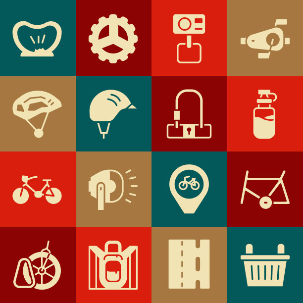 设置自行车篮，框架，运动瓶与水，动作极限相机，头盔，穿孔轮胎和锁图标。向量图片下载