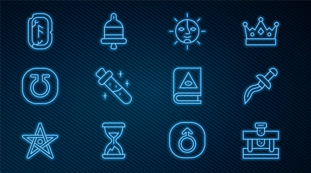 设置线瓶药水，匕首，太阳，生命，魔法符文，古老的魔法书和响警钟图标。向量图片下载