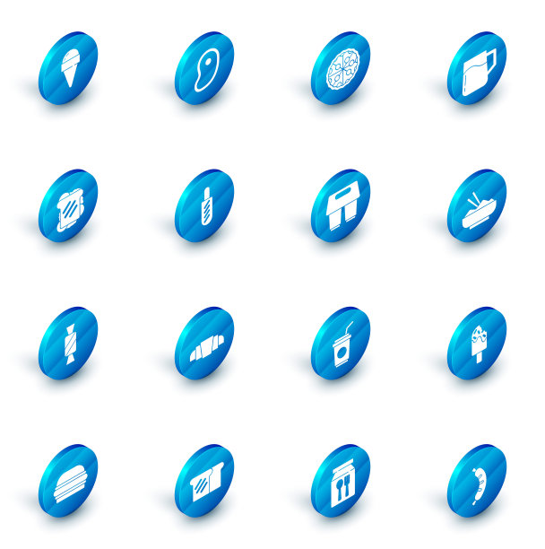 集牛排肉，披萨，木制啤酒杯，三明治，糖果，热狗三明治，米饭在碗与筷子和咖啡杯去图标。向量图片下载