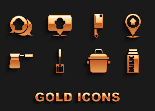 集抹刀，厨师帽与位置，纸包装牛奶，烹饪锅，咖啡土耳其，肉斩，语音泡沫和图标。向量图片下载