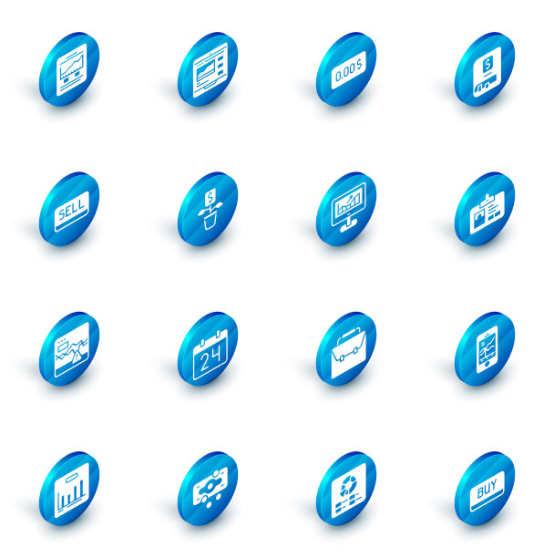 设置交易课程，零成本，金融书籍，卖出按钮，失败股票市场，美元工厂，识别徽章和计算机与增长图形图标。向量图片下载