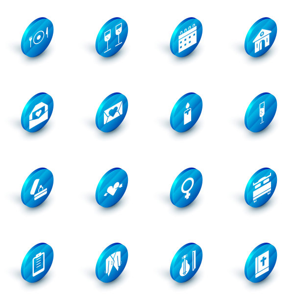 设置香槟，日历，教堂建筑，信封与情人节的心，结婚戒指，和燃烧的蜡烛图标。向量图片下载