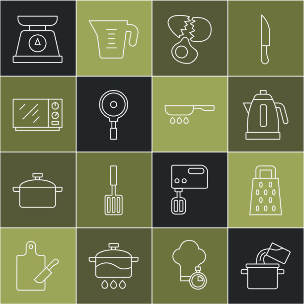 采购产品烹饪锅，磨碎器，电水壶，破鸡蛋，煎锅，微波炉，天平和图标。向量图片下载