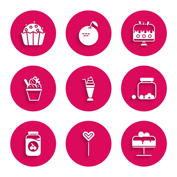 把奶昔，棒棒糖，蛋糕放在盘子里，玻璃罐子里有糖果，樱桃果酱，冰淇淋碗，和纸杯蛋糕图标。向量图片下载