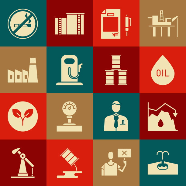 设置油田，原油价格下降，下降，合同钱和笔，汽油或加油站，工业厂房，禁止吸烟和桶图标。向量图片下载