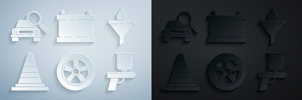 设置车轮，漏斗或过滤器和机油滴，交通锥，油漆喷枪，电池和搜索图标。向量图片下载