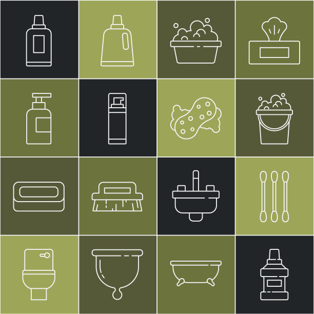 设置线漱口瓶，棉签为耳朵，桶与肥皂泡沫，盆，剃须啫喱泡沫，瓶洗发水，清洁剂和海绵图标。向量图片下载