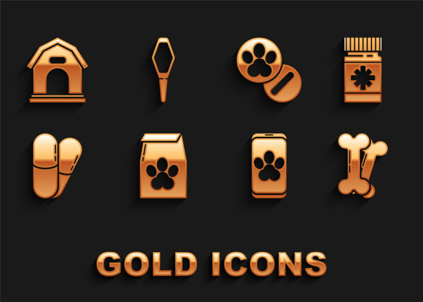 套装宠物食品袋，狗药瓶和药丸，骨头，网上兽医诊所标志，房子和宠物小瓶医疗图标。向量图片下载