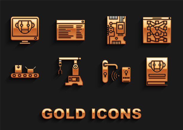 集装配线、传送带纸箱、电子计算机组件、主板数字芯片、Bot和软件、web开发人员编程代码图标。向量图片下载