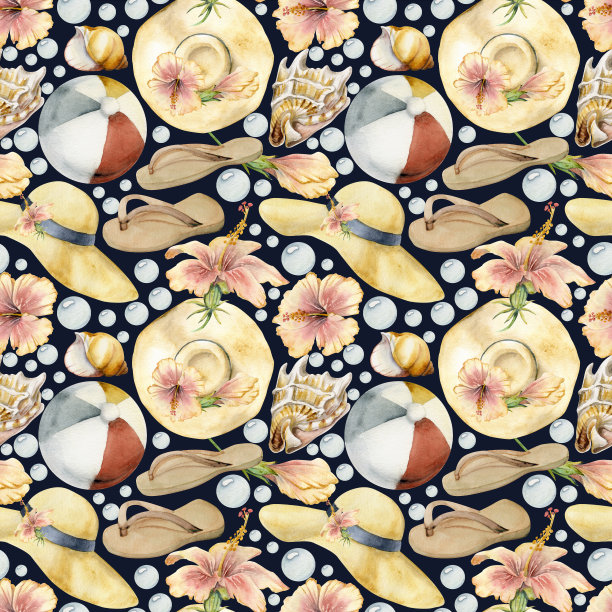 手绘水彩沙滩配件，太阳帽球人字拖芙蓉凉鞋无缝图案。孤立的彩色背景。墙艺、婚庆、印花、布艺、封面、名片、旅游、旅游小册子。图片下载