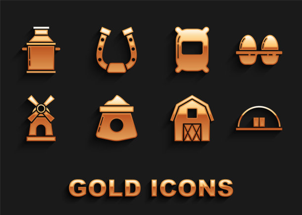 集面粉袋，鸡蛋盒，机库，农舍概念，风车，牛奶罐和马蹄铁图标。向量图片下载